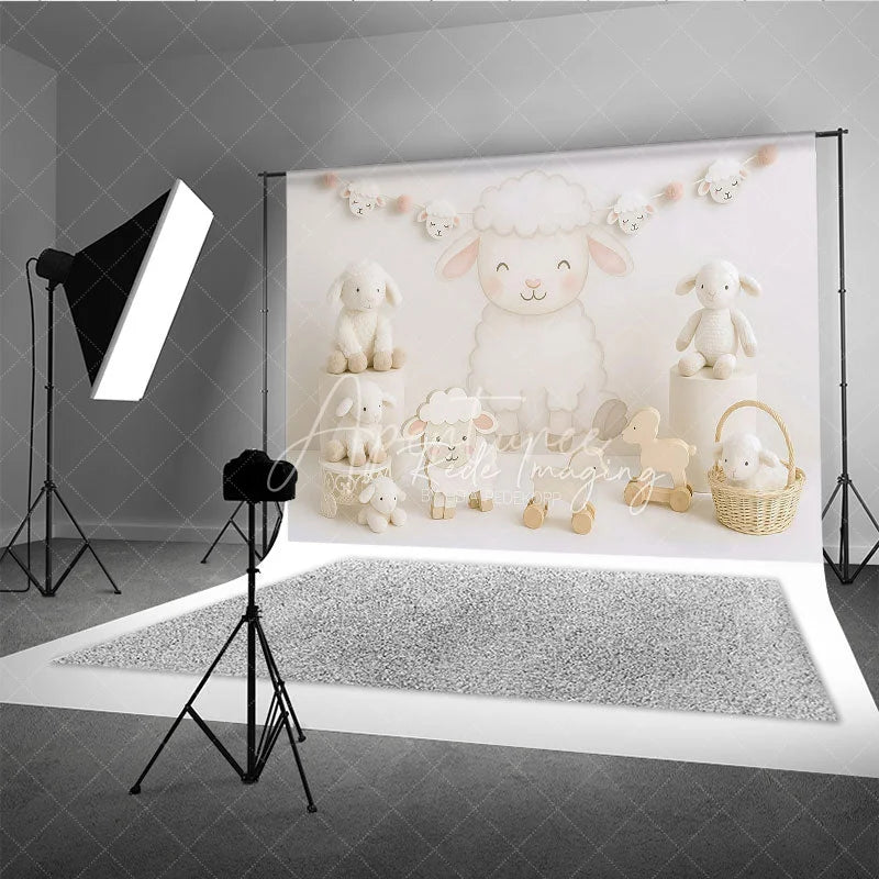 Aperturee - Aperturee Sweet Little Lamb and White Sheep Photo Backdrop Farm Animal Birthday Cake Smash Background