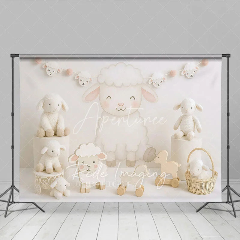 Aperturee - Aperturee Sweet Little Lamb and White Sheep Photo Backdrop Farm Animal Birthday Cake Smash Background