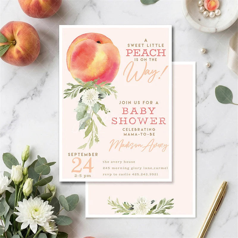 Aperturee - Aperturee Sweet Little Peach Floral Baby Shower Invitation Custom Personalized Party Stationery