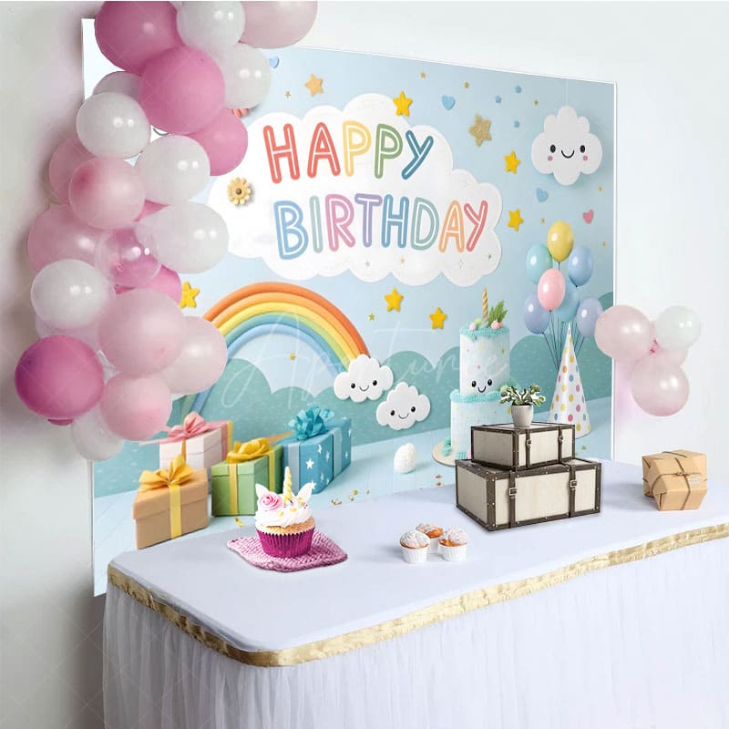 Aperturee - Aperturee Sweet Lovely Baby Blue Sky Happy Birthday Backdrop