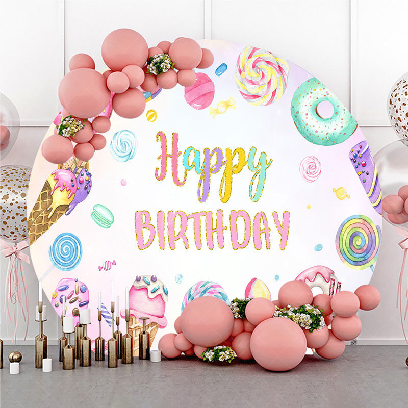 Aperturee - Aperturee Sweet One First Birthday Round Backdrop Ice Cream Candy Land Party Girls Donut and Lollipop Photo Prop Decor