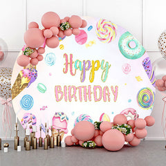 Aperturee - Aperturee Sweet One First Birthday Round Backdrop Ice Cream Candy Land Party Girls Donut and Lollipop Photo Prop Decor