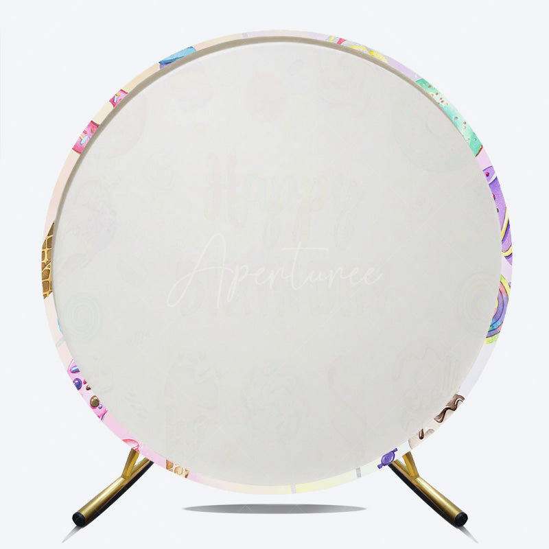 Aperturee - Aperturee Sweet One First Birthday Round Backdrop Ice Cream Candy Land Party Girls Donut and Lollipop Photo Prop Decor