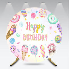 Aperturee - Aperturee Sweet One First Birthday Round Backdrop Ice Cream Candy Land Party Girls Donut and Lollipop Photo Prop Decor
