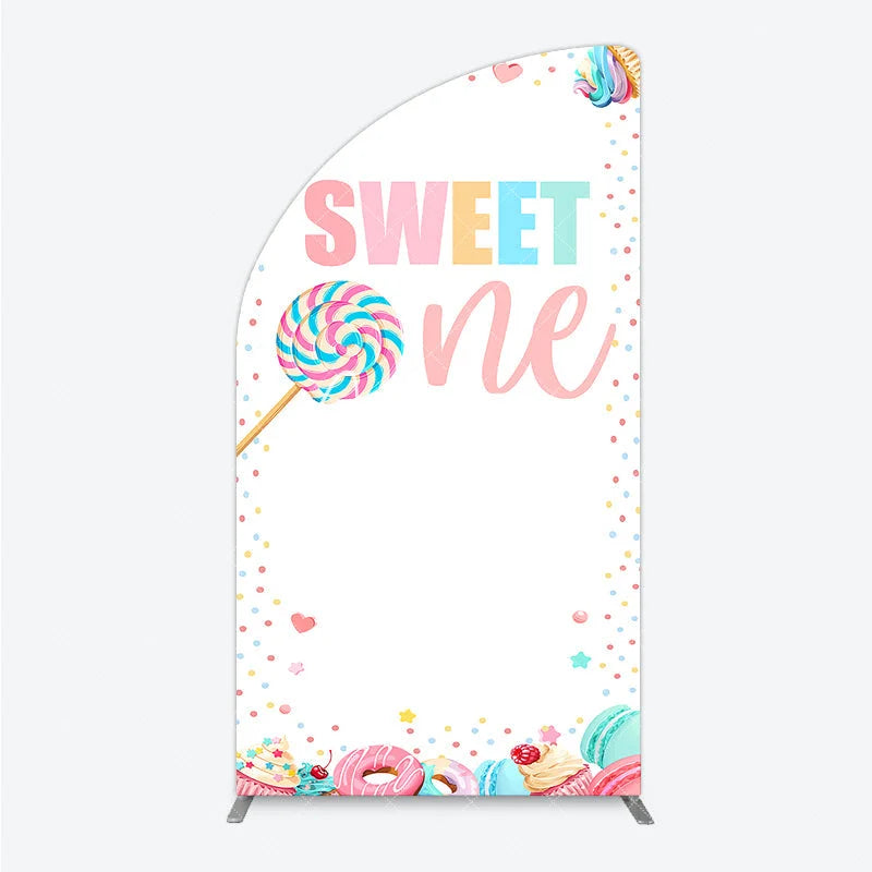 Aperturee - Aperturee Sweet One Pastel Candy Dessert Half Moon Arch Backdrop Colorful First Birthday Party Decoration