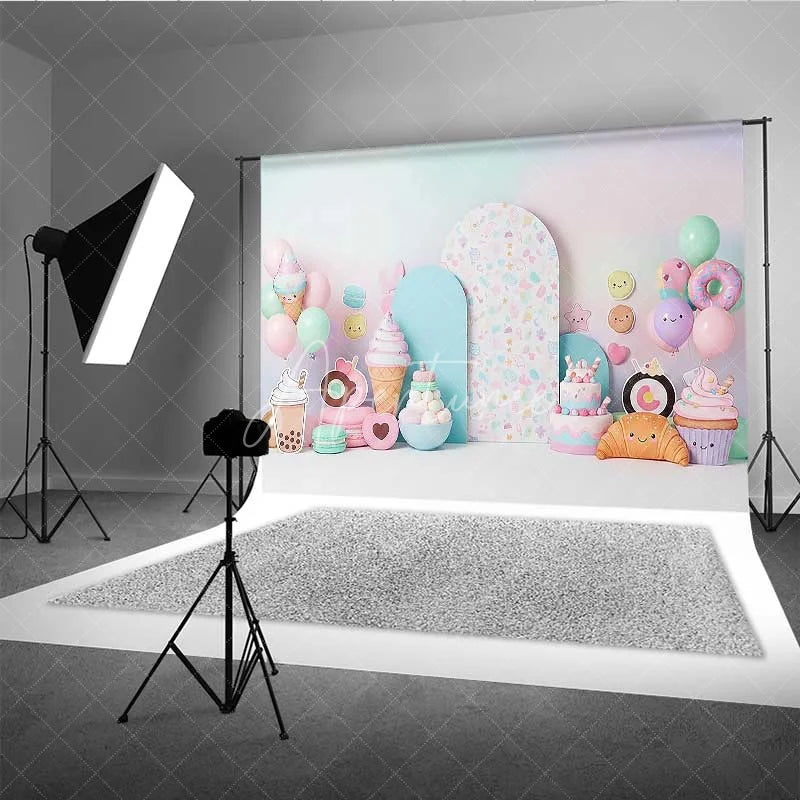 Aperturee - Aperturee Sweet One Sweets Photography Backdrop Pastel Ice Cream and Donut Birthday Background