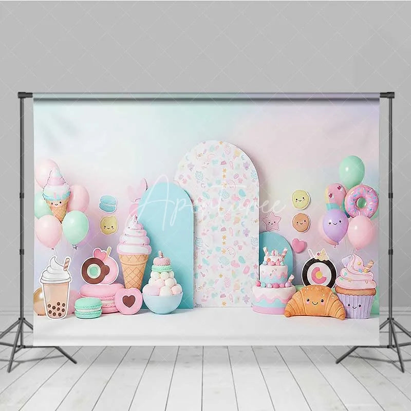 Aperturee - Aperturee Sweet One Sweets Photography Backdrop Pastel Ice Cream and Donut Birthday Background