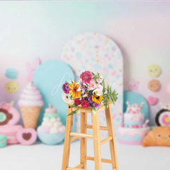 Aperturee - Aperturee Sweet One Sweets Photography Backdrop Pastel Ice Cream and Donut Birthday Background