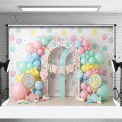Aperturee - Aperturee Sweet Pastel Candy Land First Birthday Photography Backdrop Lollipops Balloons and ONE Arch Decor