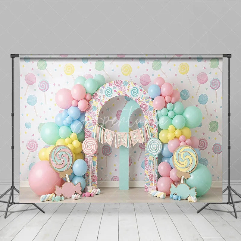 Aperturee - Aperturee Sweet Pastel Candy Land First Birthday Photography Backdrop Lollipops Balloons and ONE Arch Decor