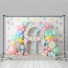 Aperturee - Aperturee Sweet Pastel Candy Land First Birthday Photography Backdrop Lollipops Balloons and ONE Arch Decor