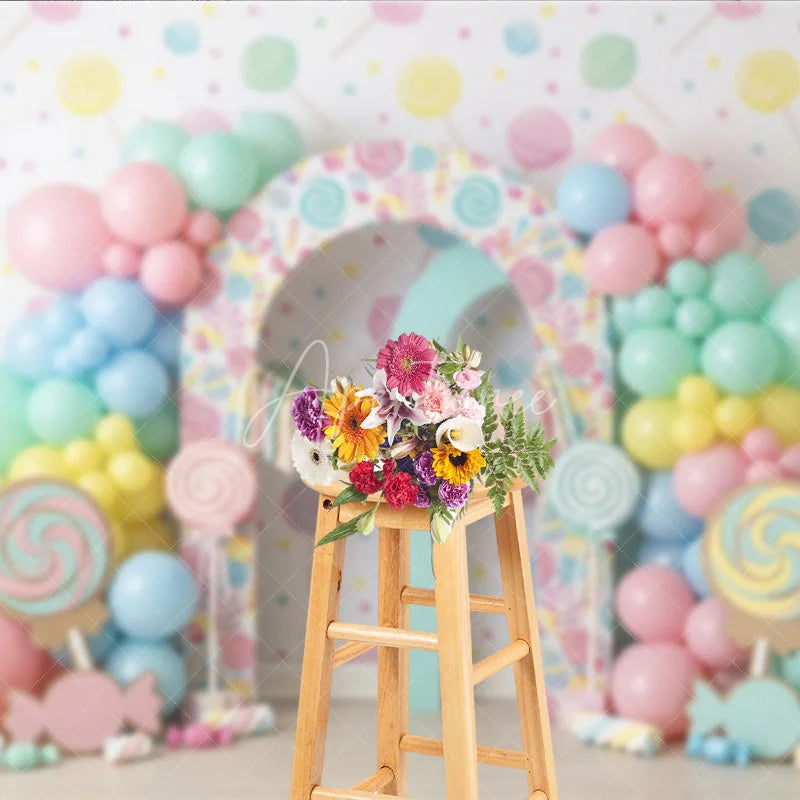 Aperturee - Aperturee Sweet Pastel Candy Land First Birthday Photography Backdrop Lollipops Balloons and ONE Arch Decor