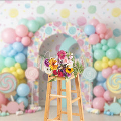 Aperturee - Aperturee Sweet Pastel Candy Land First Birthday Photography Backdrop Lollipops Balloons and ONE Arch Decor