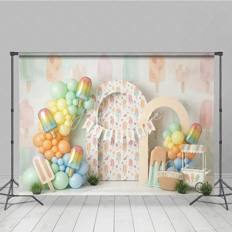 Aperturee - Aperturee Sweet Pastel Watercolor Popsicle Photography Backdrop Summer Ice Cream Birthday Party Decor with Balloon Garland