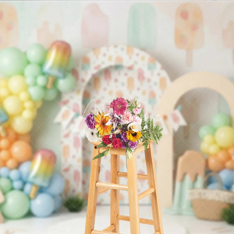 Aperturee - Aperturee Sweet Pastel Watercolor Popsicle Photography Backdrop Summer Ice Cream Birthday Party Decor with Balloon Garland