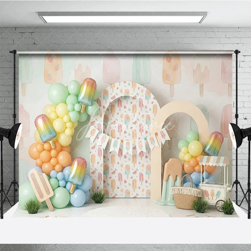 Aperturee - Aperturee Sweet Pastel Watercolor Popsicle Photography Backdrop Summer Ice Cream Birthday Party Decor with Balloon Garland