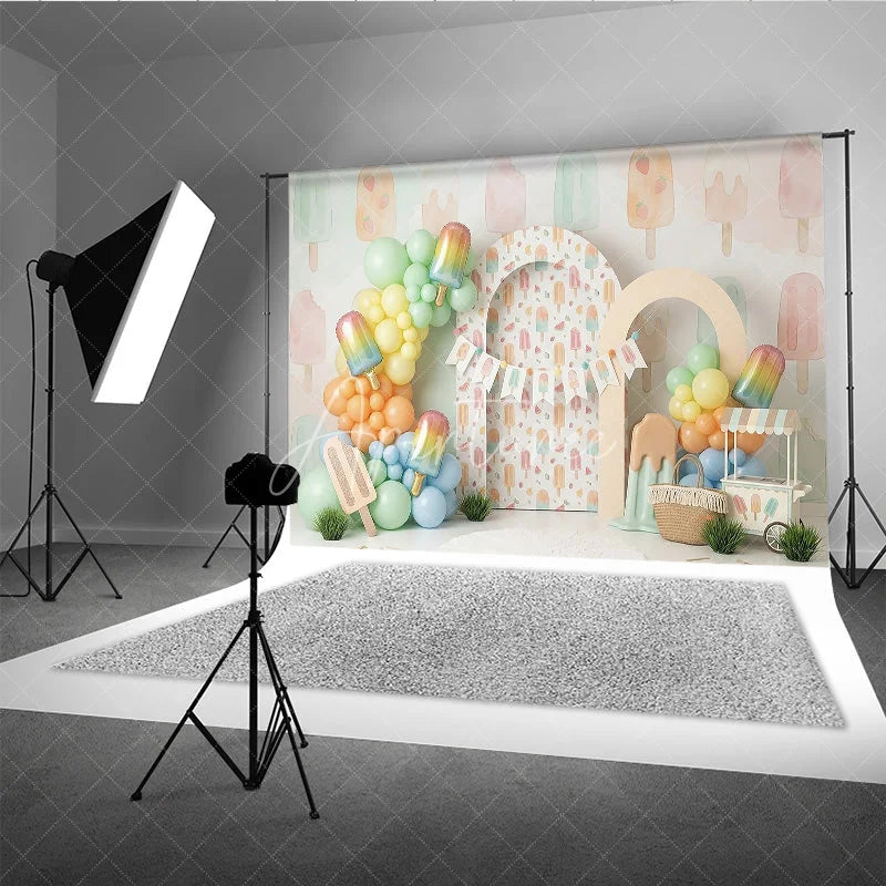 Aperturee - Aperturee Sweet Pastel Watercolor Popsicle Photography Backdrop Summer Ice Cream Birthday Party Decor with Balloon Garland