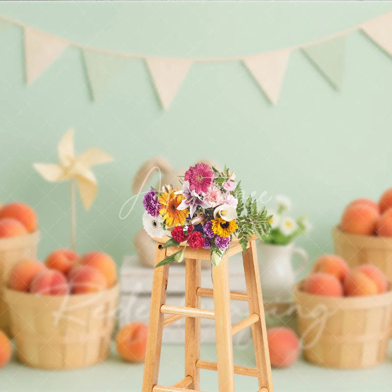 Aperturee - Aperturee Sweet Peach Harvest and Plush Bunny Photo Backdrop Birthday Cake Smash Photography Background