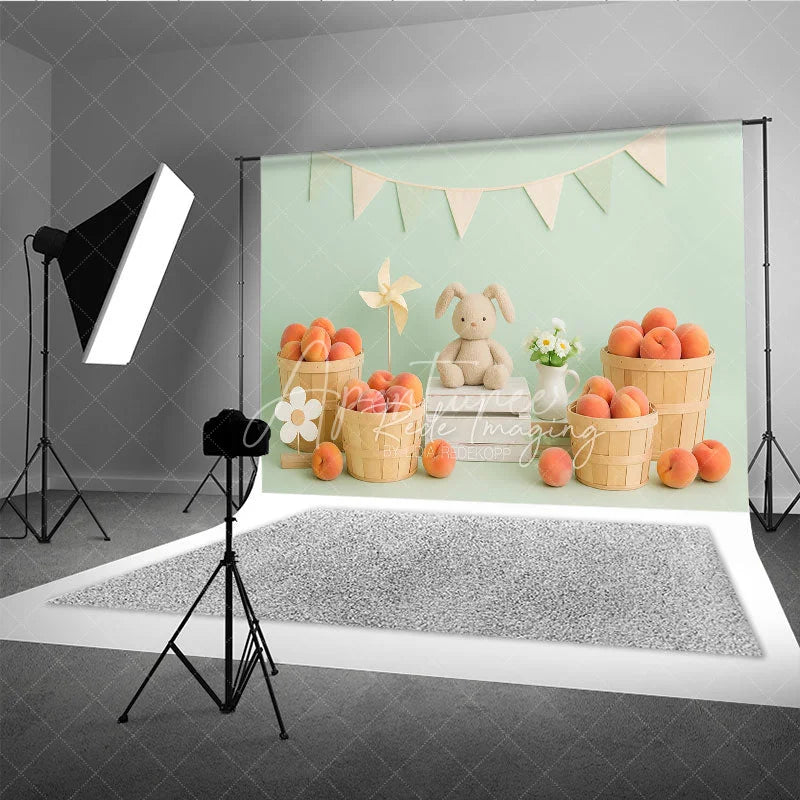 Aperturee - Aperturee Sweet Peach Harvest and Plush Bunny Photo Backdrop Birthday Cake Smash Photography Background