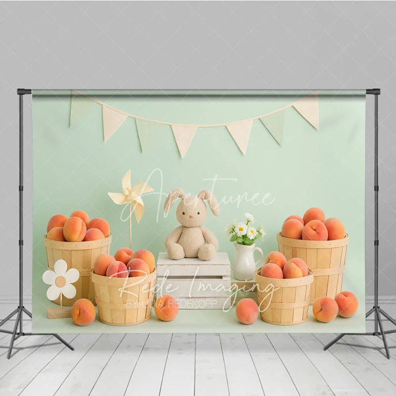 Aperturee - Aperturee Sweet Peach Harvest and Plush Bunny Photo Backdrop Birthday Cake Smash Photography Background