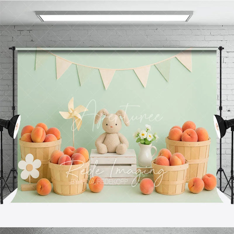 Aperturee - Aperturee Sweet Peach Harvest and Plush Bunny Photo Backdrop Birthday Cake Smash Photography Background