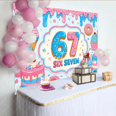 Aperturee - Aperturee Sweet Pink and Blue Donut 7th Birthday Backdrop featuring Cupcakes Ice Cream and Candy Sprinkles for Party Decor