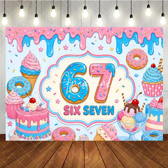 Aperturee - Aperturee Sweet Pink and Blue Donut 7th Birthday Backdrop featuring Cupcakes Ice Cream and Candy Sprinkles for Party Decor