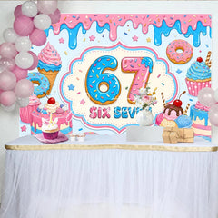Aperturee - Aperturee Sweet Pink and Blue Donut 7th Birthday Backdrop featuring Cupcakes Ice Cream and Candy Sprinkles for Party Decor