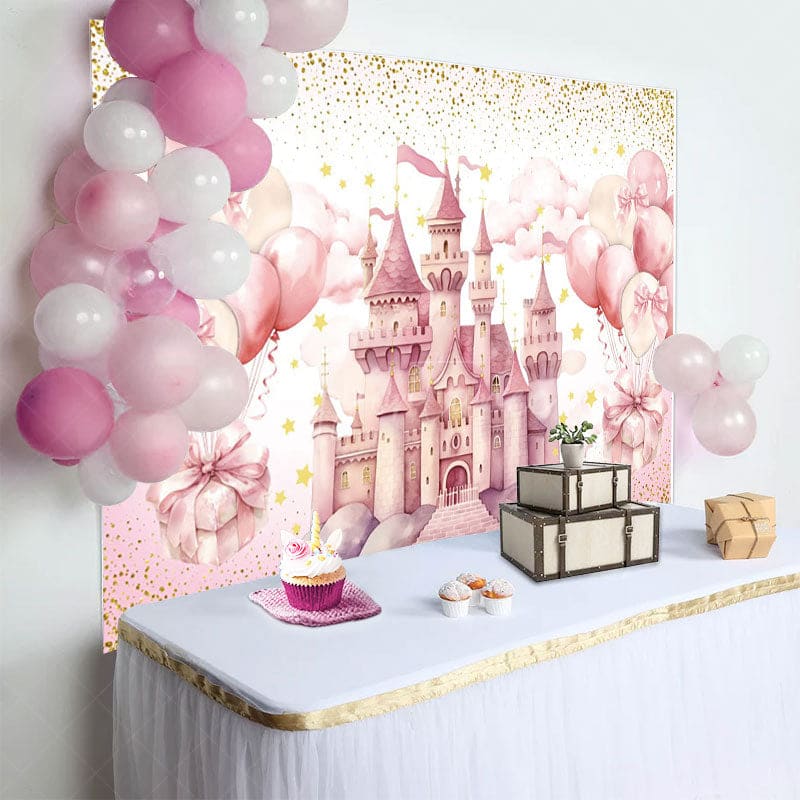 Aperturee - Aperturee Sweet Pink Balloon Castle Happy Birthday Backdrop