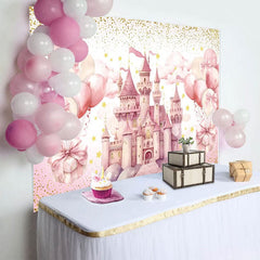 Aperturee - Aperturee Sweet Pink Balloon Castle Happy Birthday Backdrop