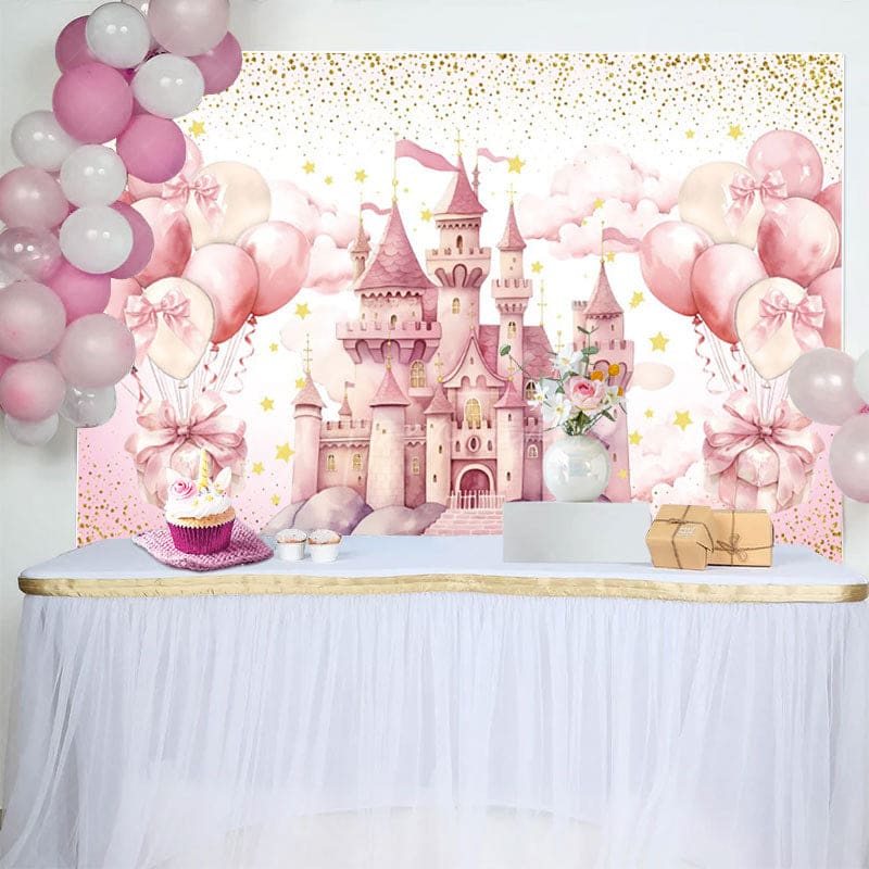 Aperturee - Aperturee Sweet Pink Balloon Castle Happy Birthday Backdrop