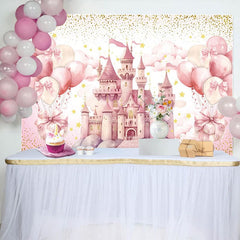Aperturee - Aperturee Sweet Pink Balloon Castle Happy Birthday Backdrop