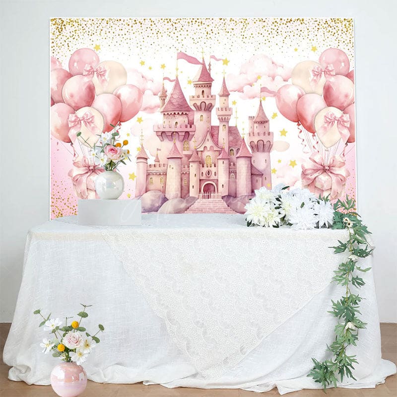 Aperturee - Aperturee Sweet Pink Balloon Castle Happy Birthday Backdrop