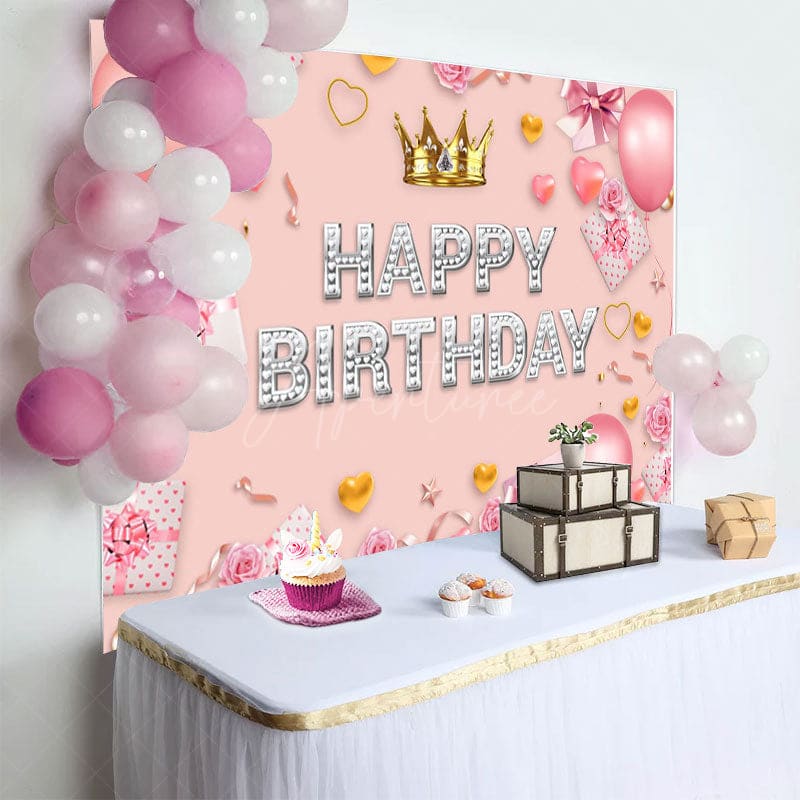 Aperturee - Aperturee Sweet Pink Crown Balloon Happy Birthday Backdrop