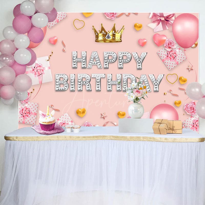 Aperturee - Aperturee Sweet Pink Crown Balloon Happy Birthday Backdrop
