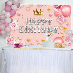 Aperturee - Aperturee Sweet Pink Crown Balloon Happy Birthday Backdrop