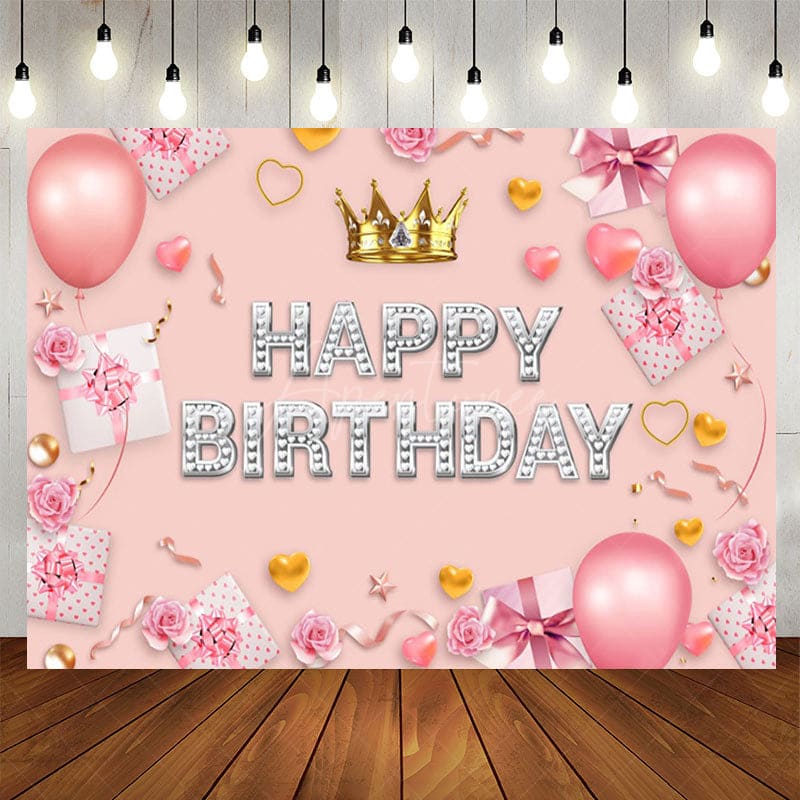 Aperturee - Aperturee Sweet Pink Crown Balloon Happy Birthday Backdrop
