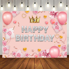 Aperturee - Aperturee Sweet Pink Crown Balloon Happy Birthday Backdrop