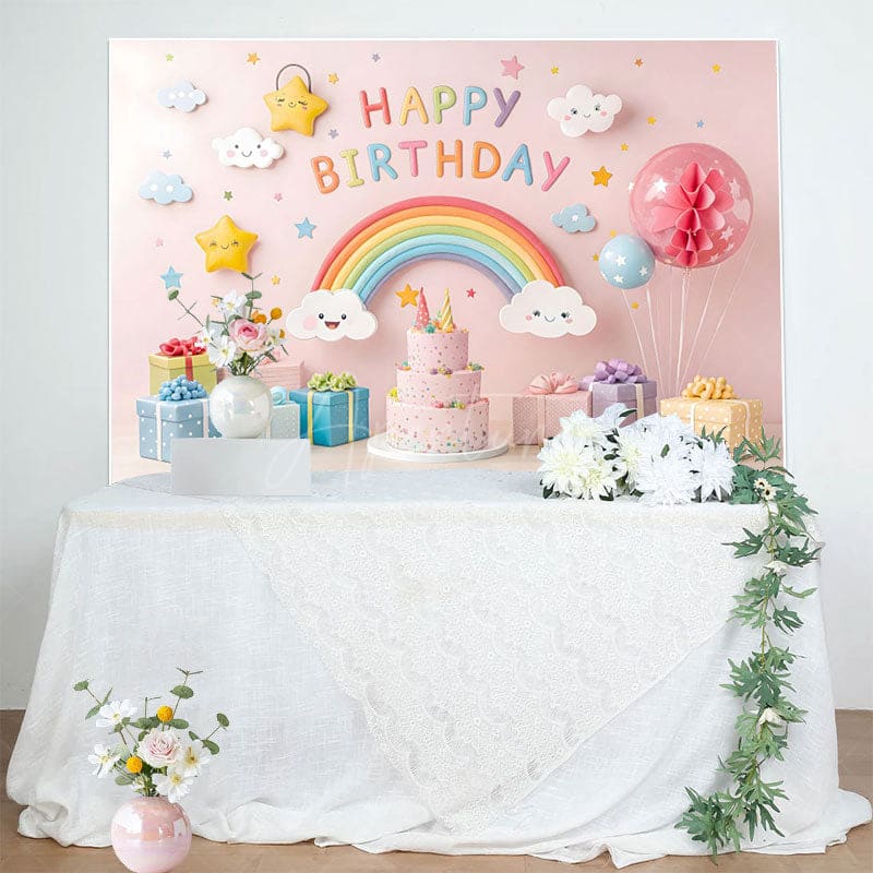 Aperturee - Aperturee Sweet Pink Cute Rainbow Clouds Birthday Backdrop
