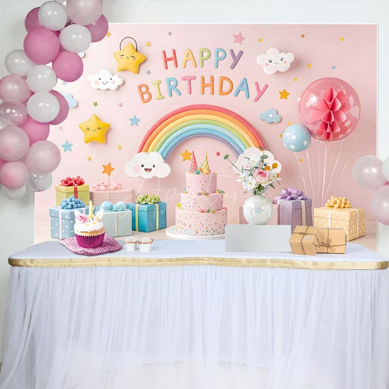 Aperturee - Aperturee Sweet Pink Cute Rainbow Clouds Birthday Backdrop
