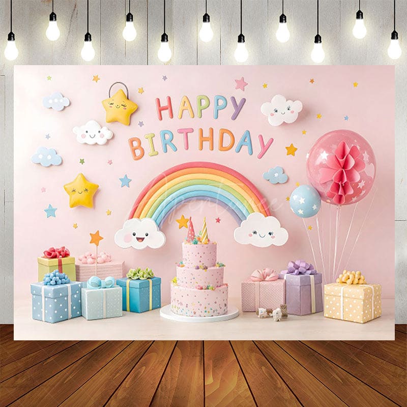Aperturee - Aperturee Sweet Pink Cute Rainbow Clouds Birthday Backdrop