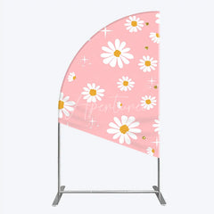Aperturee - Aperturee Sweet Pink Daisy Flower Half Moon Arch Backdrop with Golden Glitter and Sparkles Perfect for Birthday Party Decor