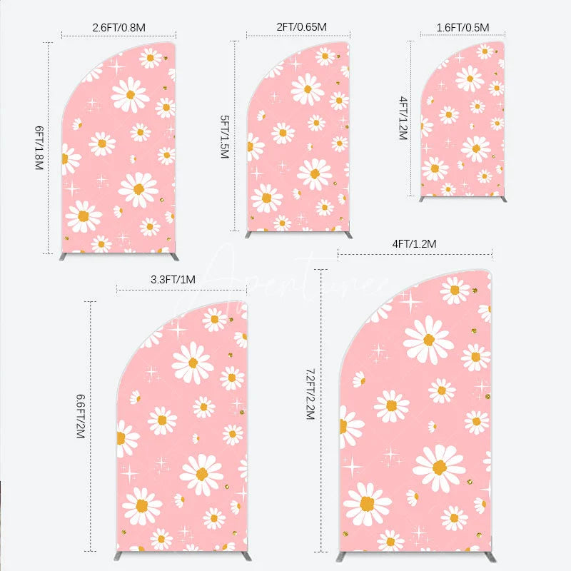 Aperturee - Aperturee Sweet Pink Daisy Flower Half Moon Arch Backdrop with Golden Glitter and Sparkles Perfect for Birthday Party Decor