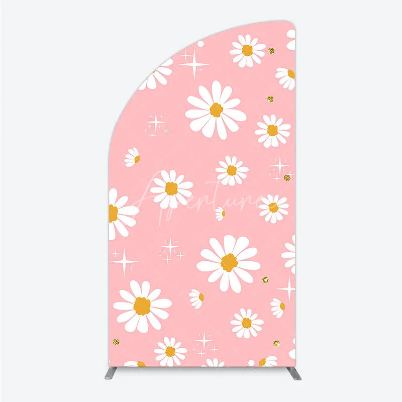 Aperturee - Aperturee Sweet Pink Daisy Flower Half Moon Arch Backdrop with Golden Glitter and Sparkles Perfect for Birthday Party Decor