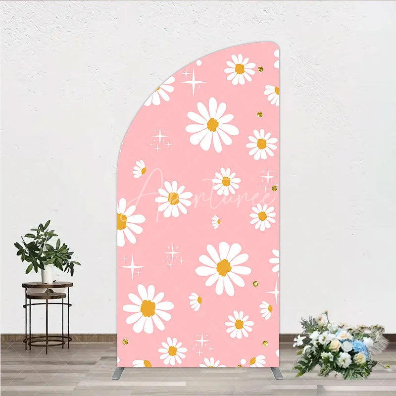 Aperturee - Aperturee Sweet Pink Daisy Flower Half Moon Arch Backdrop with Golden Glitter and Sparkles Perfect for Birthday Party Decor