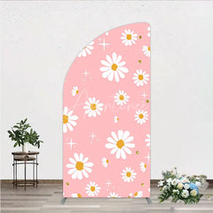 Aperturee - Aperturee Sweet Pink Daisy Flower Half Moon Arch Backdrop with Golden Glitter and Sparkles Perfect for Birthday Party Decor