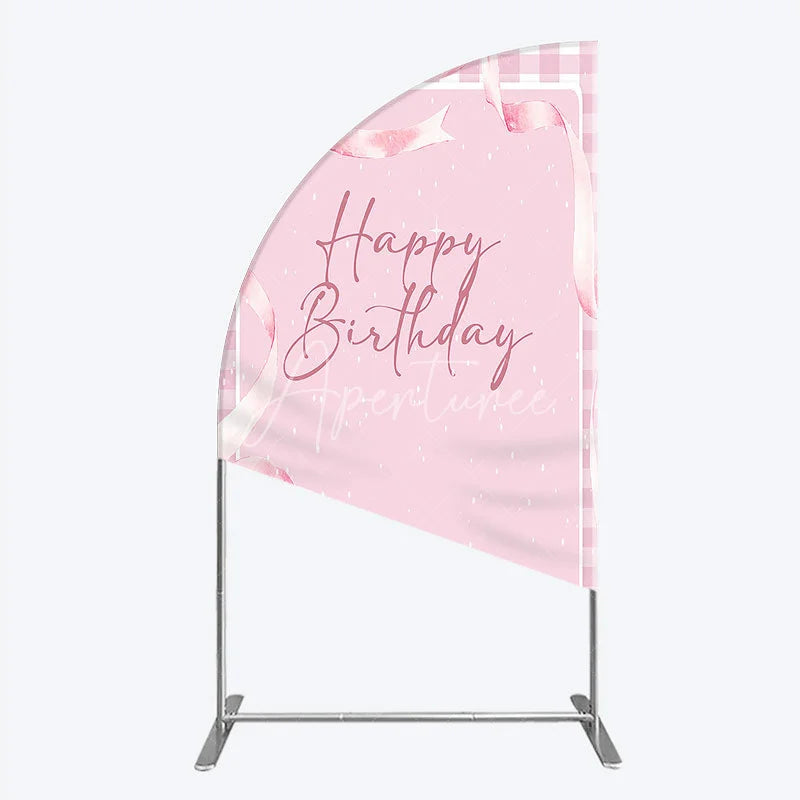 Aperturee - Aperturee Sweet Pink Gingham Happy Birthday Half Moon Arch Backdrop with Watercolor Ribbons Elegant Party Decoration