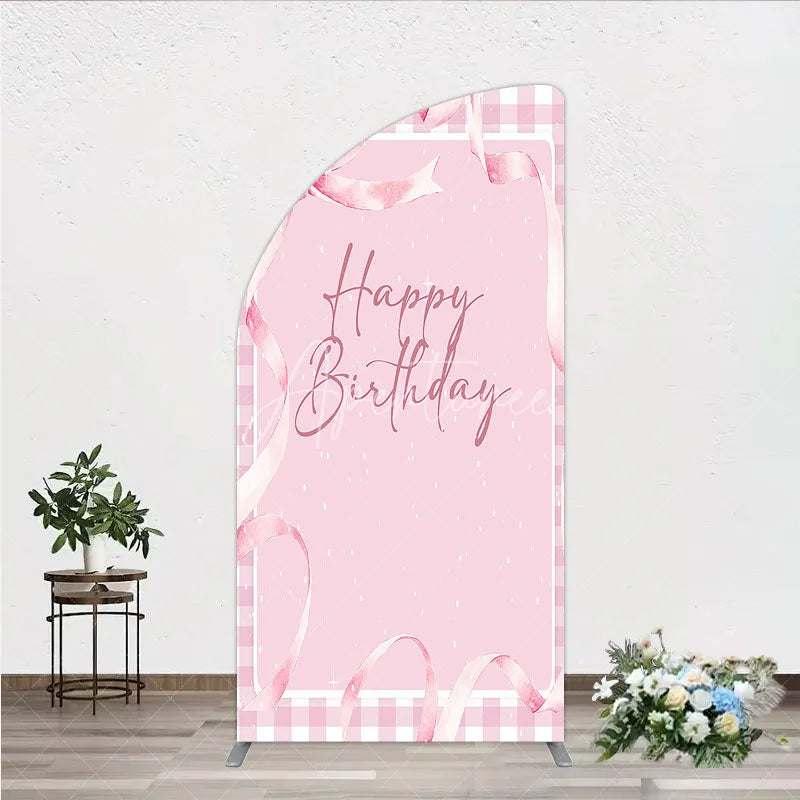 Aperturee - Aperturee Sweet Pink Gingham Happy Birthday Half Moon Arch Backdrop with Watercolor Ribbons Elegant Party Decoration