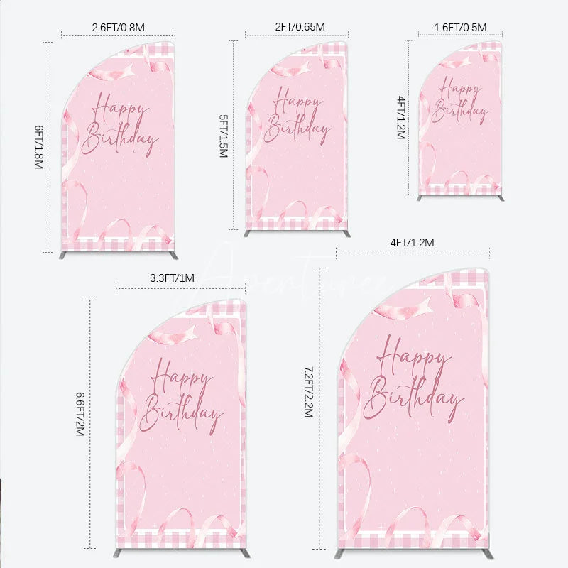 Aperturee - Aperturee Sweet Pink Gingham Happy Birthday Half Moon Arch Backdrop with Watercolor Ribbons Elegant Party Decoration