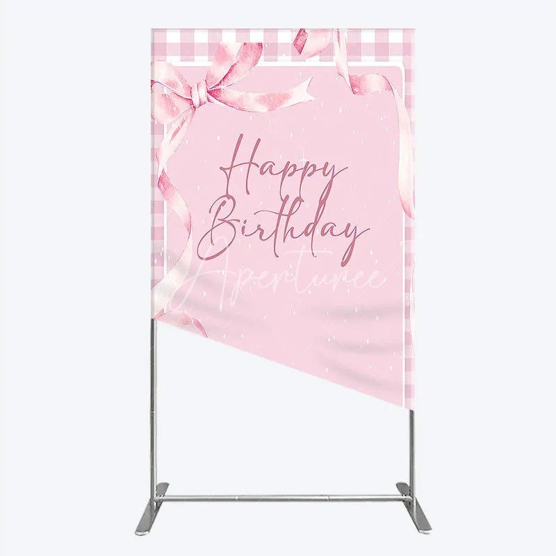 Aperturee - Aperturee Sweet Pink Gingham Happy Birthday Rectangle Arch Backdrop with Watercolor Ribbons Festive Party Decor